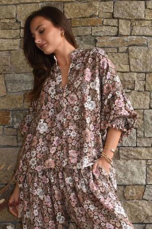 Daughter Of Ibiza Lovechild Balloon Sleeve Shirt Chocolate & Rose Pre order 14 days
